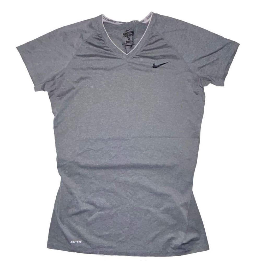 Nike Men's Gray Pro Combat  Athletic Logo Active Short Sleeve Fitted Tee L